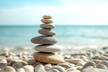 A Pile Of Smooth Stones Carefully Stacked On A Pebbly Beach, Symbolizing Balance, With The Ocean As A Calming Backdrop, Generative Ai
