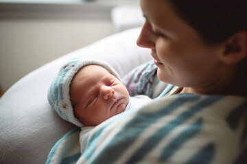 Authentic capture of a Caucasian mother and her newborn baby, sharing a peaceful sleep, radiating love and the unique bond of parenthood, generative ai.