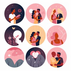 Sticker - A series of illustrations of a couple embracing each other. Generative AI image.