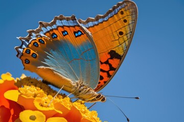 Wall Mural - A lovely macro shot of a Morpho butterfly on an orange lantana flower against a blue sky was taken in the spring on a gorgeous bright day. Generative AI