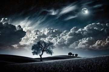 Poster - solitary tree standing in a vast open field with a cloudy sky in the background. Generative AI