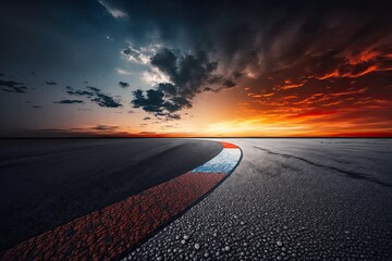 Canvas Print - Empty Road at Sunset with a Warm Orange Sky in the Background. Generative AI