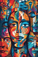 Wall Mural - A painting of a group of people with different faces. Generative AI image.