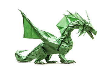 Full-length green paper dragon isolated on white background. A green dragon, a mythical creature, made of paper. Symbol of the year of the dragon. Generative AI