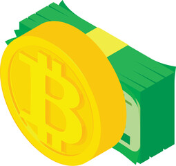 Poster - Bitcoin cryptocurrency icon isometric vector. Bitcoin coin and dollar bill stack. Digital money, cryptocurrency concept