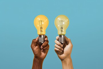 Wall Mural - two business hands holding a light bulb, corporate teamwork idea concept