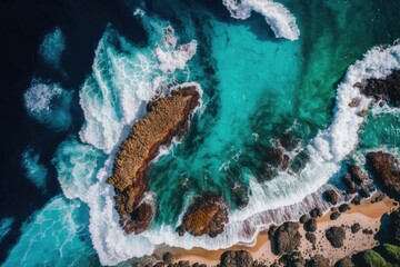 Poster - aerial view of rocky ocean coastline. Generative AI