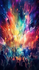 Poster - A crowd of people standing in front of a colorful explosion. Generative AI image.