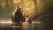 A Brown Bear Mother and her Cubs in the River