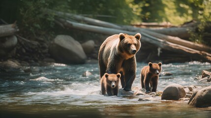 Wall Mural - A Brown Bear Mother and her Cubs in the River