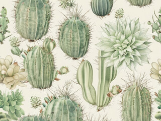  Illustration of various cacti, a pattern suitable as a complement to the background or as a background. Generative Ai, Ai.