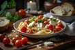 A portion of healthy vegetarian feta cheese pasta with cherry tomatoes, a portion on white plate. Generative AI