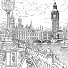 A Beautiful Long Shot Top View At Big Ben And Westminster Bridge, Black And White Line Art Adult Coloring Page, Medium Detailed, White Background, No Noise
