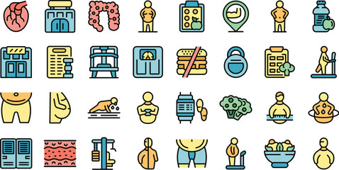 Poster - fat man in the gym icons set outline vector. obese diet. sport loss weight thin line color flat on w