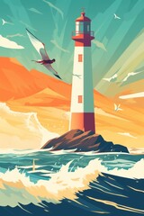 Sticker - A painting of a lighthouse in the ocean. Generative AI image.