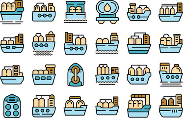 Poster - Gas carrier ship icons set outline vector. Gas energy. Pipe fuel thin line color flat on white