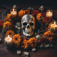 Sticker - A skull surrounded by flowers and candles. Generative AI image.