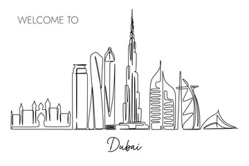 Canvas Print - Continuous line drawing of Dubai city skyline. World Famous tourism destination