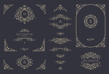 Wall Mural - Collection of royal decorative elements. Floral ornamental monogram, frames and borders.