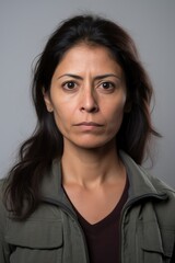 Portrait mug shot of a serious hispanic woman, generative AI	