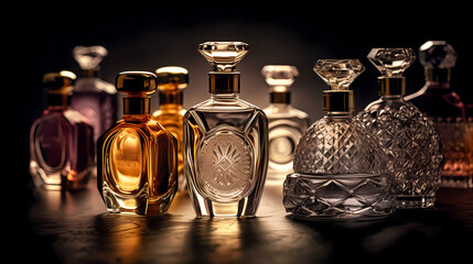 perfume bottles on a dark background, straight view.