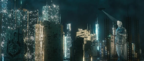 3d render night view of illuminating cyberpunk futuristic skyscrapers for sci-fi, dystopia concept