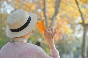 Poster - Old lady looking at a yellow leaf with autumn trees in the blurred background