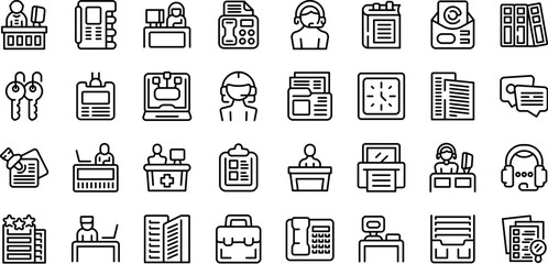 Poster - receptionist icons set outline vector. female work. adult office