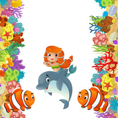 Wall Mural - cartoon scene with coral reef and happy fishes swimming near mermaid isolated illustration for children