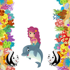 Wall Mural - cartoon scene with coral reef and happy fishes swimming near mermaid isolated illustration for children