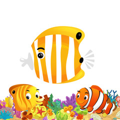 Wall Mural - cartoon scene with coral reef and happy fishes swimming near isolated illustration for children