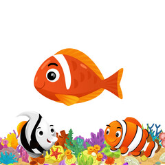 Wall Mural - cartoon scene with coral reef and happy fishes swimming near isolated illustration for children