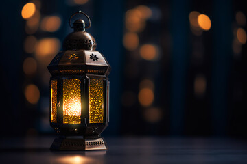 Radiant Ramadan lantern in a dark room with a dark and blurry image behind it, generative ai