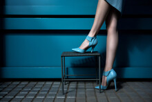 Woman Red Beautiful Colorful Concept Foot Fashion Leg Young Blue Shoe. Generative AI.