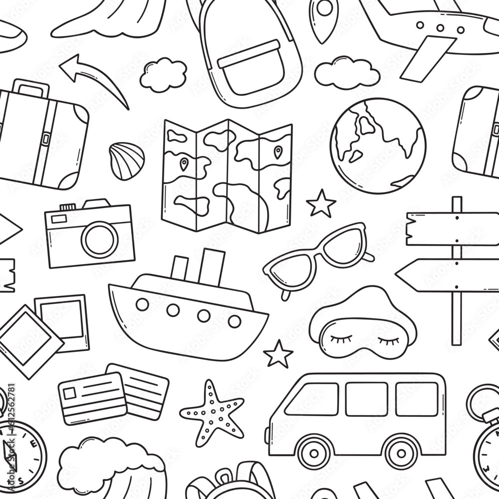 Seamless pattern of travel doodle. Summer vacation, tourism elements in ...