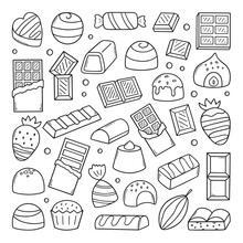 Chocolate Doodle Set.  Different Kinds Of Chocolate. Cocoa Bean, Chocolate Candies, Chocolate Bar In Sketch Style. Hand Drawn Vector Illustration Isolated On White Background