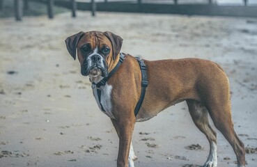 Wall Mural - Beautiful shot of a brown boxer dog at a beach during the day