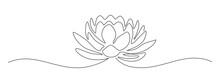 Flower Lotus In One Continuous Line Drawing. Logo Yoga Studio And Wellness Spa Salon Concept In Simple Linear Style. Water Lily In Editable Stroke. Doodle Contour Vector Illustration