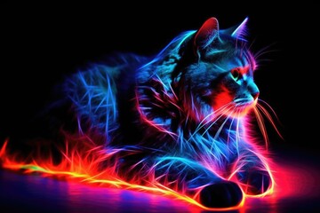 A cat illuminated with neon lights.