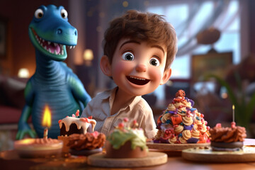 3D cartoonish close-ups of a happy little boy holding his birthday cake to enjoy his party, Created with AI