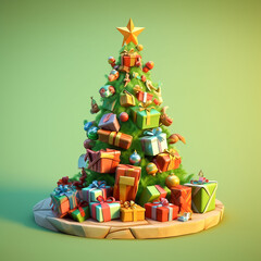 Christmas Tree and Gift Boxes, colorful 3d cartoon style.   Generative AI