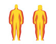 BMI classification measurement infographic set concept. Man and woman Body Mass Index level. Combination person figures different weights from overweight to underweight. Vector eps illustration