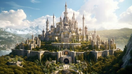 Illustration of a Fantasy Beautiful City Castle with Large Layered Gardens and High White Towers. Generative AI.