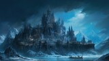 Fototapeta Londyn - Fantasy Illustration of a Gigantic Ice Citadel in the Mountains. Generative AI.