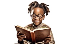 Portrait Of A Smiling Black 7 Years Old Boy Reading A Book Isolated On White Background. Generative AI.