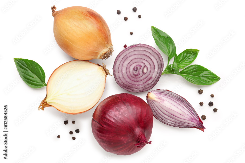 Different fresh onion and spices on white background