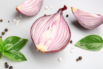 Fresh onion and spices on white background, closeup