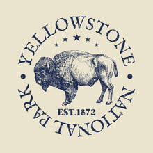 Yellowstone National Park, WY, USA Illustration Clip Art Design Shape. Bison Animal Silhouette Icon Vector.