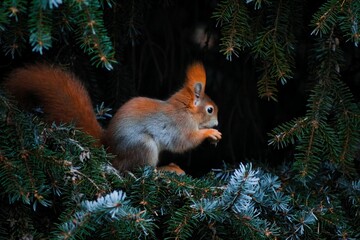 Wall Mural - Furry red squirrel eating a nut on an evergreen tree branch