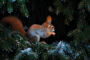 Sticker - Furry red squirrel eating a nut on an evergreen tree branch